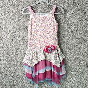 Isobella & Chloe Dress Girls 14 Pink & Blue Floral Lace Tiered Skirt Sleeveless